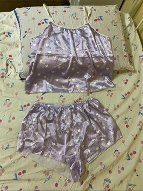 Lilac Satin Heart-Print Cami & Shorts Sleep Set - Women
